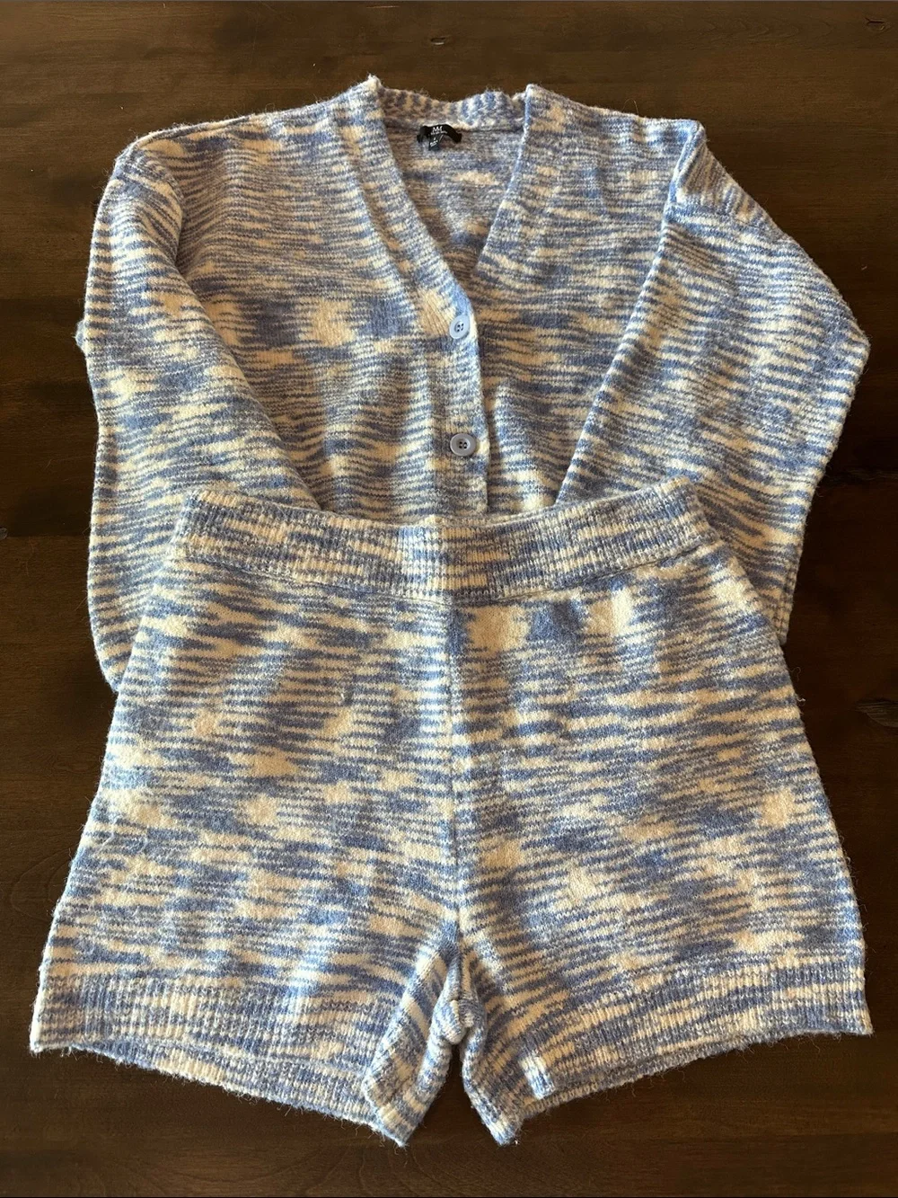 My Michelle Blue & Cream Marled Knit Cardigan and Matching Short Set size L